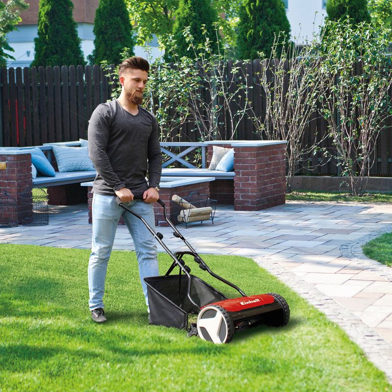 Einhell GE-HM 38 S-F Manual Deluxe 15-Inch 5-Blade High-Quality Steel Reel Mowing System Push Reel Mower, Easily Removable 6.9-Gallon Collection Bag