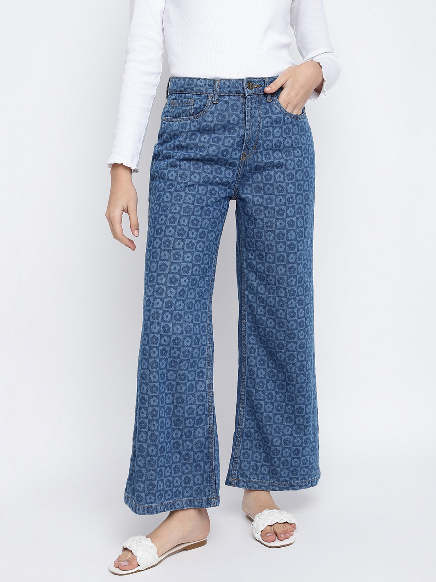 Tales & Stories Blue Printed High Rise Jeans