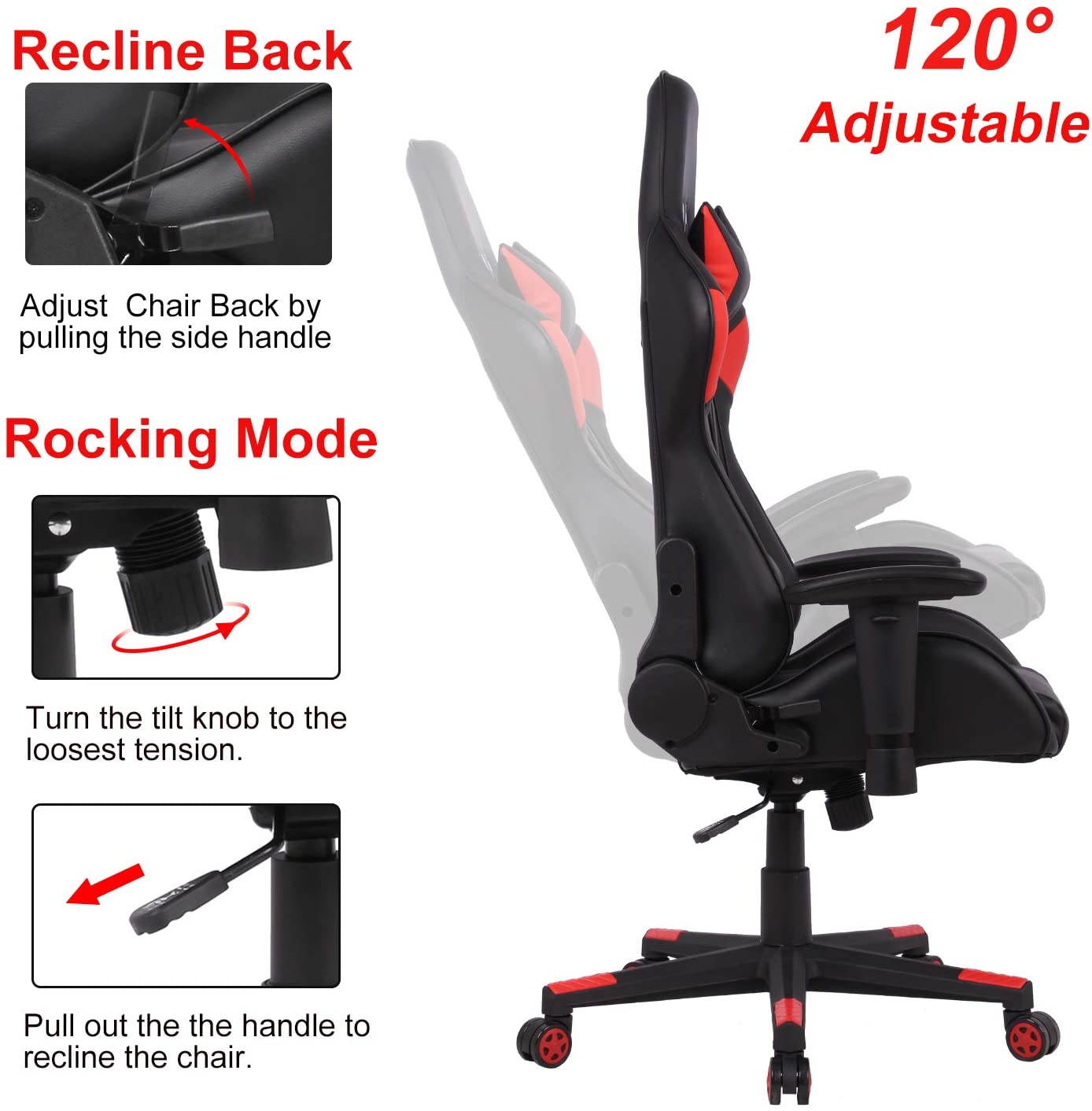 Gaming Chair High Back Reclining Computer Desk Chair Ergonomic Backrest Executive Office Chair, Red