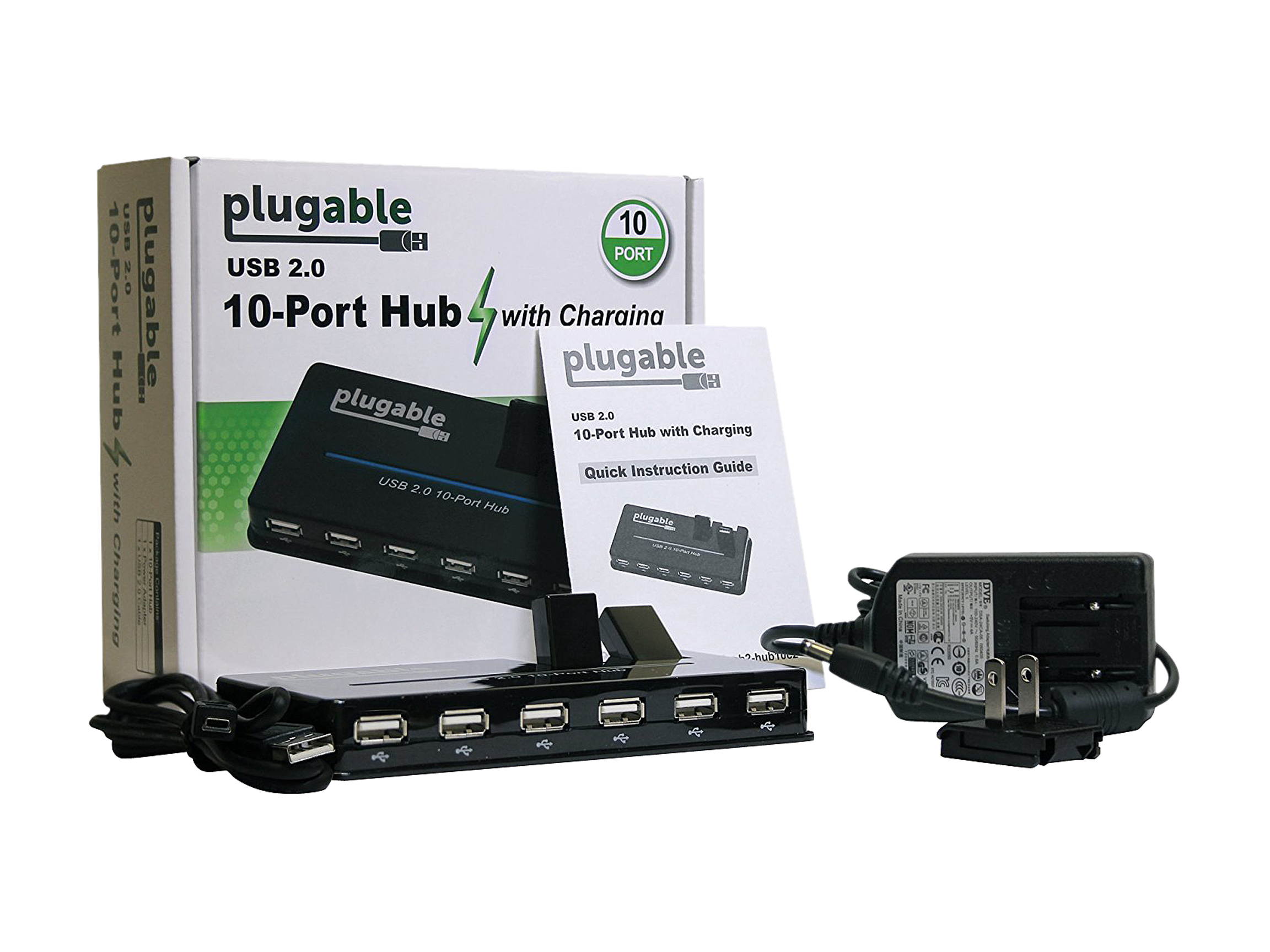 Plugable USB Hub, 10 Port - USB 2.0 with 20W Power Adapter and Two Flip-Up Ports