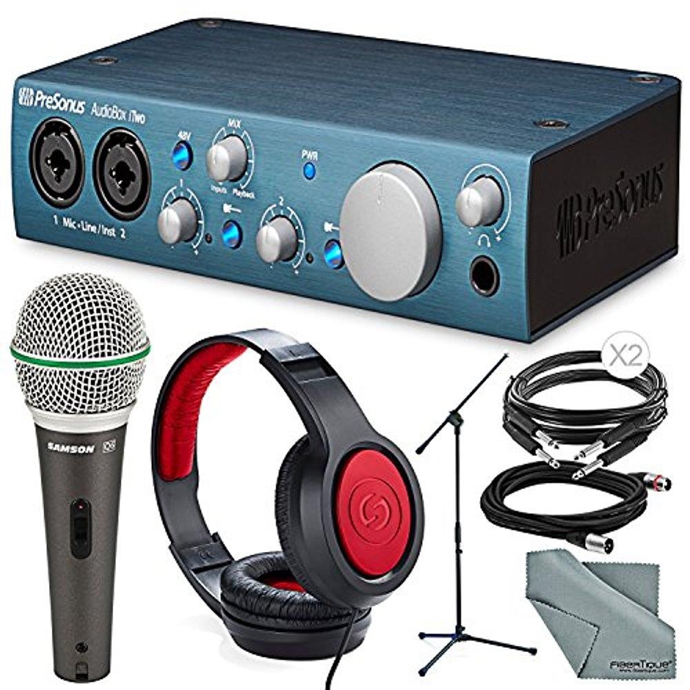 PreSonus AudioBox iOne 2x2 USB/iPad Recording System and Deluxe Bundle w/ Samson Q6 Mic & SR360 Stereo Headphones + Xpix Cables + Fibertiqu Cloth + More