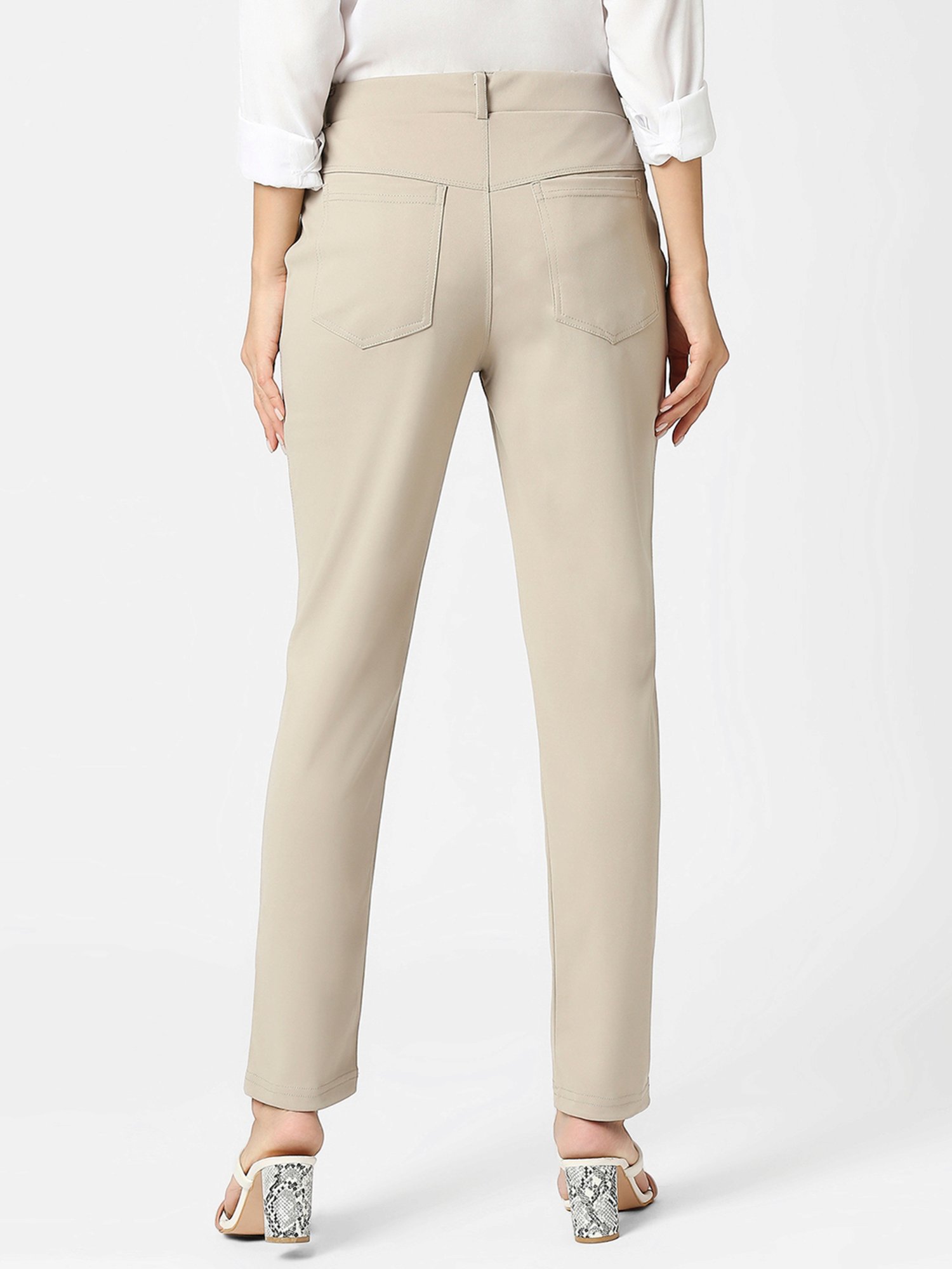FITHUB Beige Slim Fit High Rise Trousers