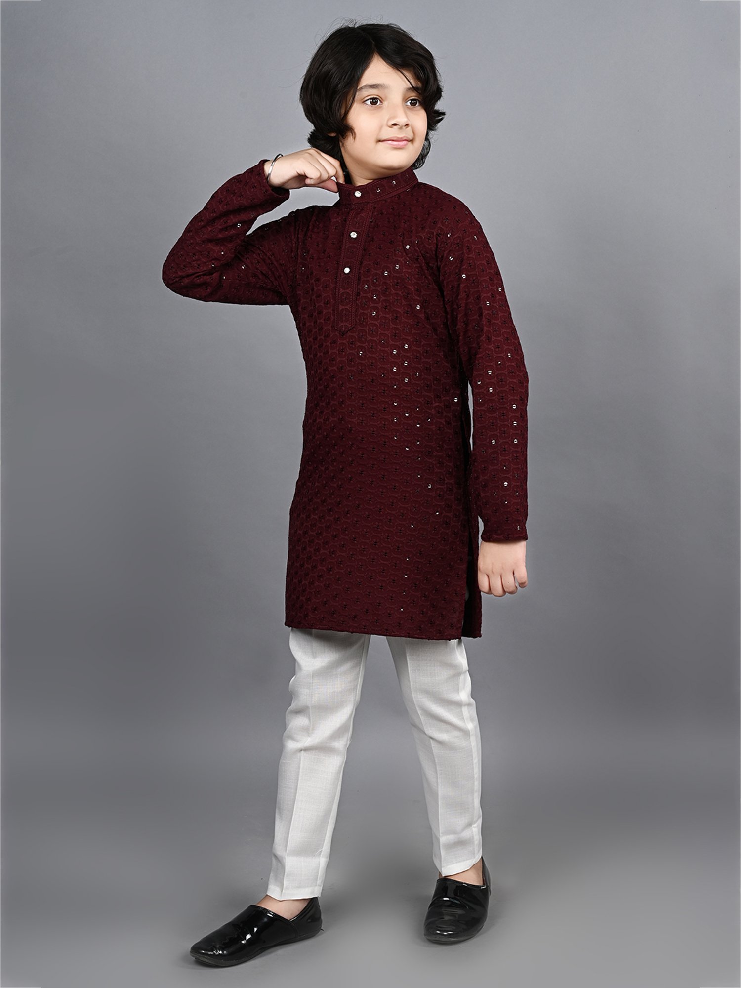 Ahhaaaa Kids Maroon & White Embellished Full Sleeves Kurta With Pyjamas