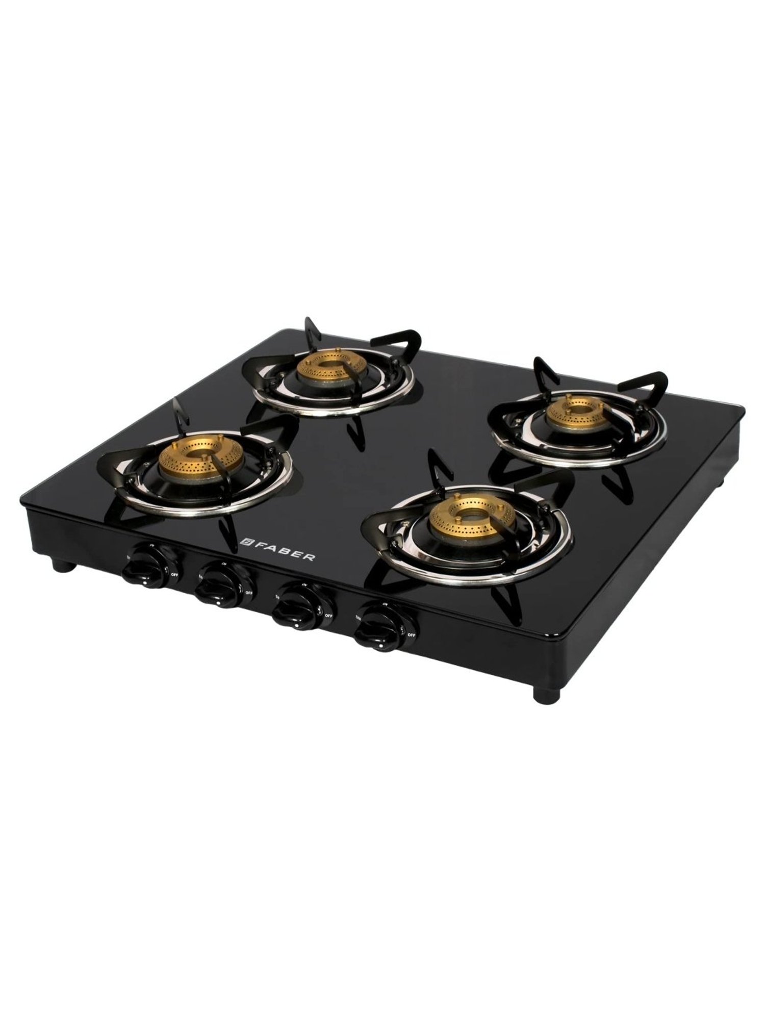 Faber Glass Top 4 Burner Gas Stove with Powder Coated Pan Support & Manual Ignition (Black)