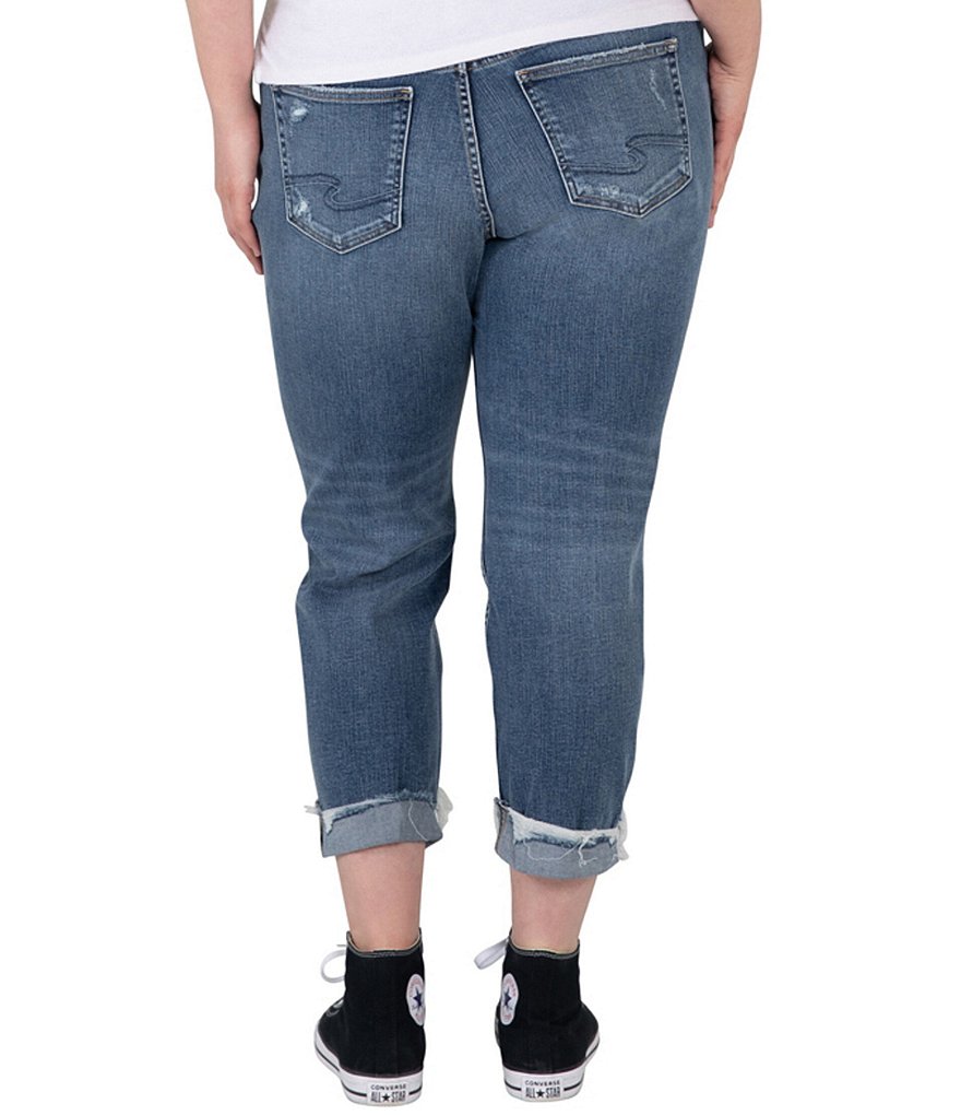 Silver Jeans Co. Plus Size Mid Rise Slim Leg Distressed Rolled Cuff Boyfriend Jean