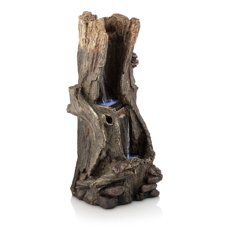 Alpine 22" Rainforest Waterfall Tree Trunk Fountain with LED Lights Gray