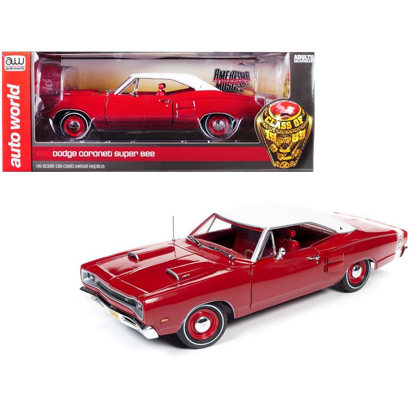 1969 Dodge Super Bee Hardtop Dark R6 Red with White Top "Class of 1969" 1/18 Diecast Model Car by Autoworld