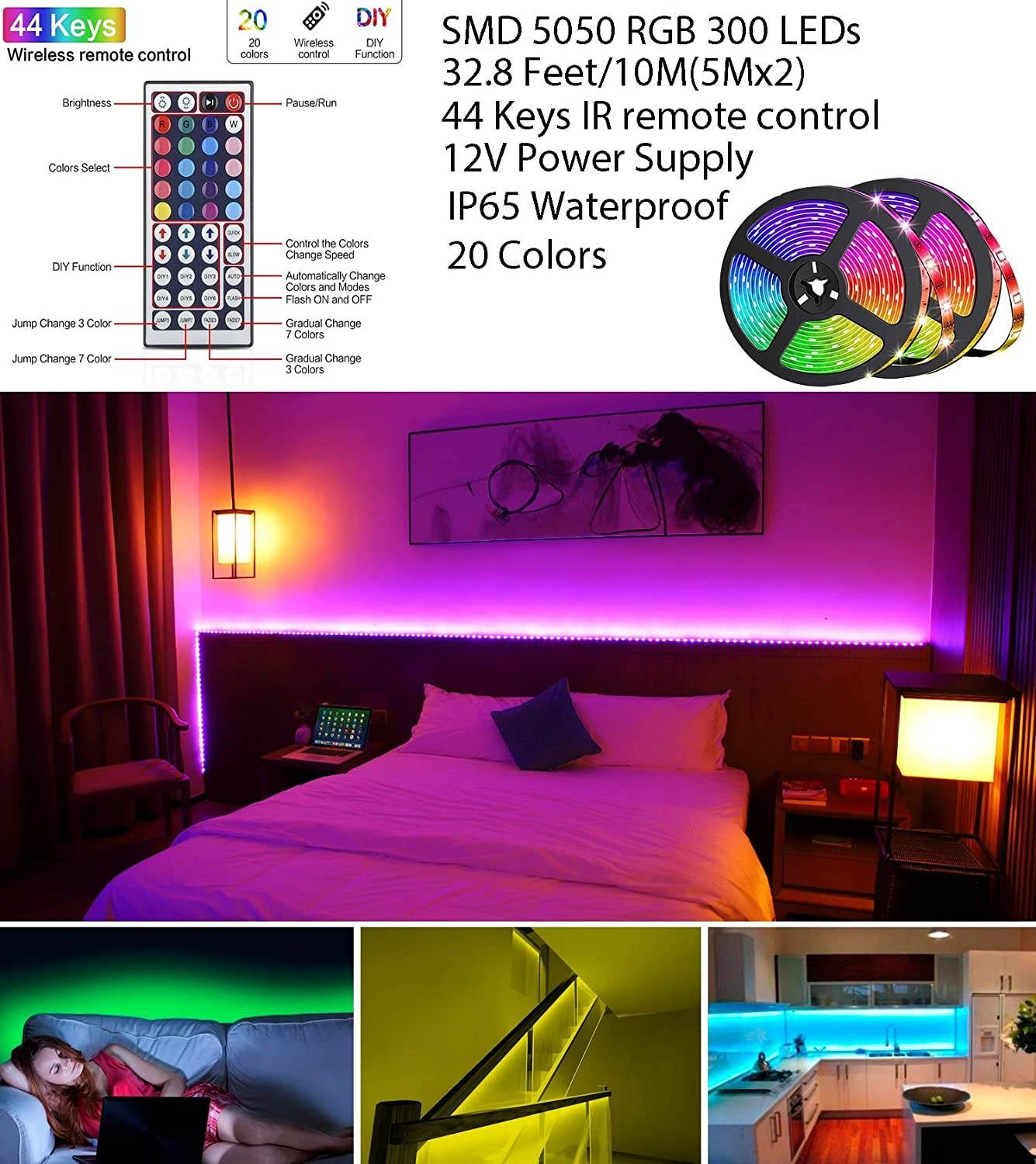 Daufri LED Lights for Bedroom 32.8ft RGB Dimmable Color Changing Light Strips Waterproof & Flexible with Remote and 12V Power Supply
