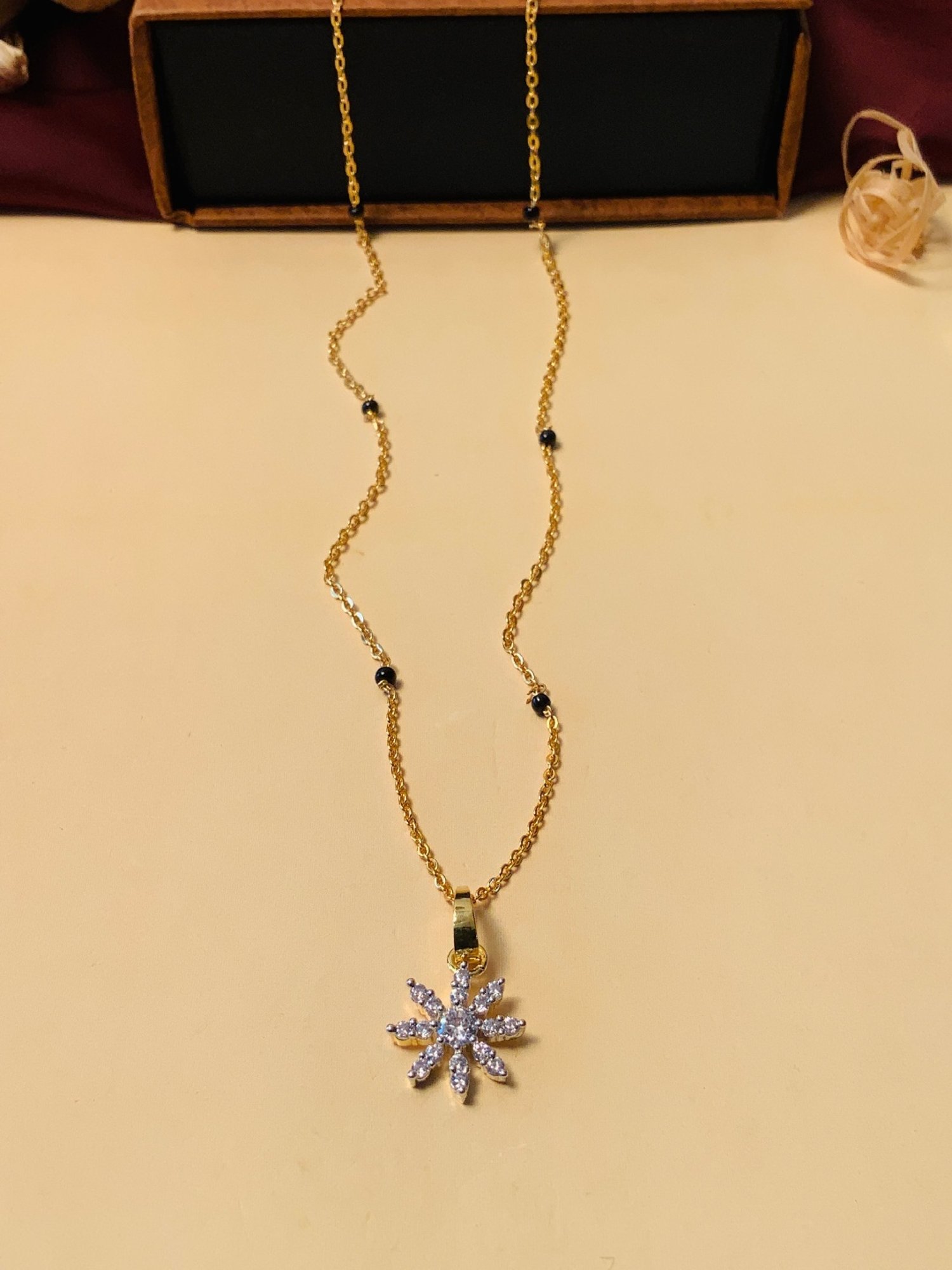 Abdesigns Gold-Plated American Diamond & Black Beaded Mangalsutra