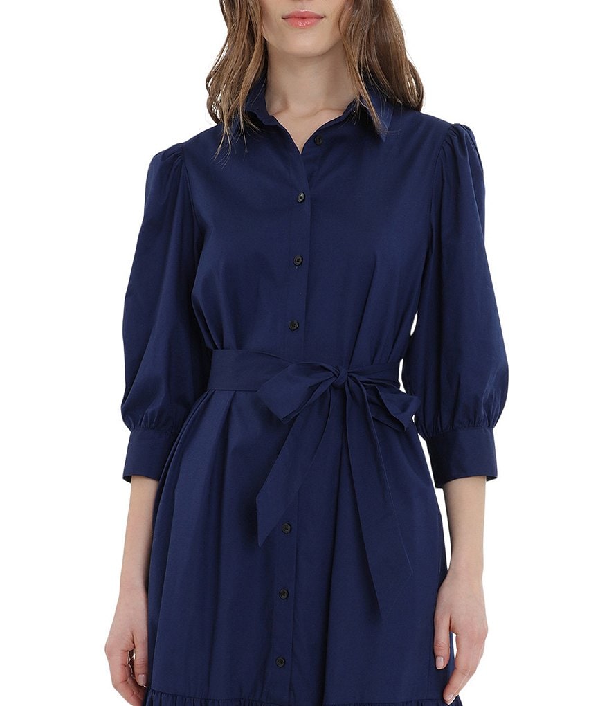 Donna Morgan Cotton Ruffle Hem 3/4 Sleeve Shirt Dress