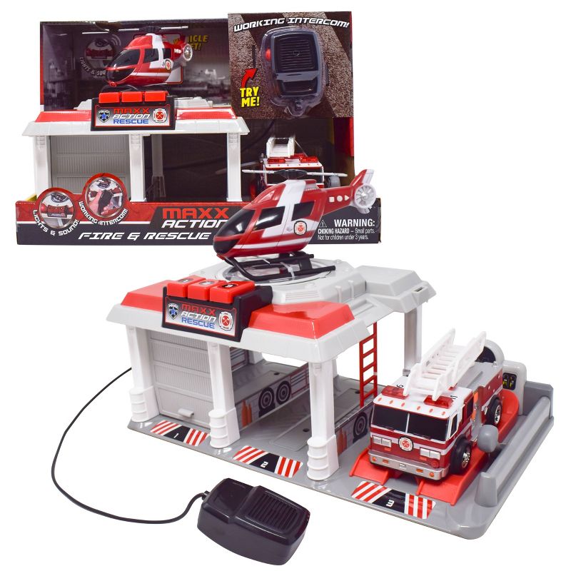 Maxx Action Lights & Sounds Fire Station Playset with Two Mini Rescue Vehicles and Working Intercom