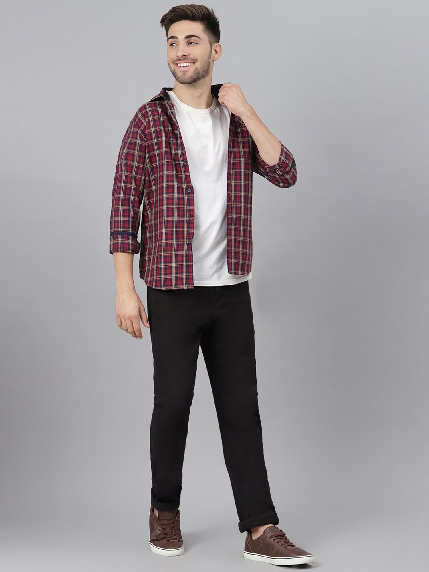 Dennis Lingo Red Cotton Slim Fit Checks Shirt