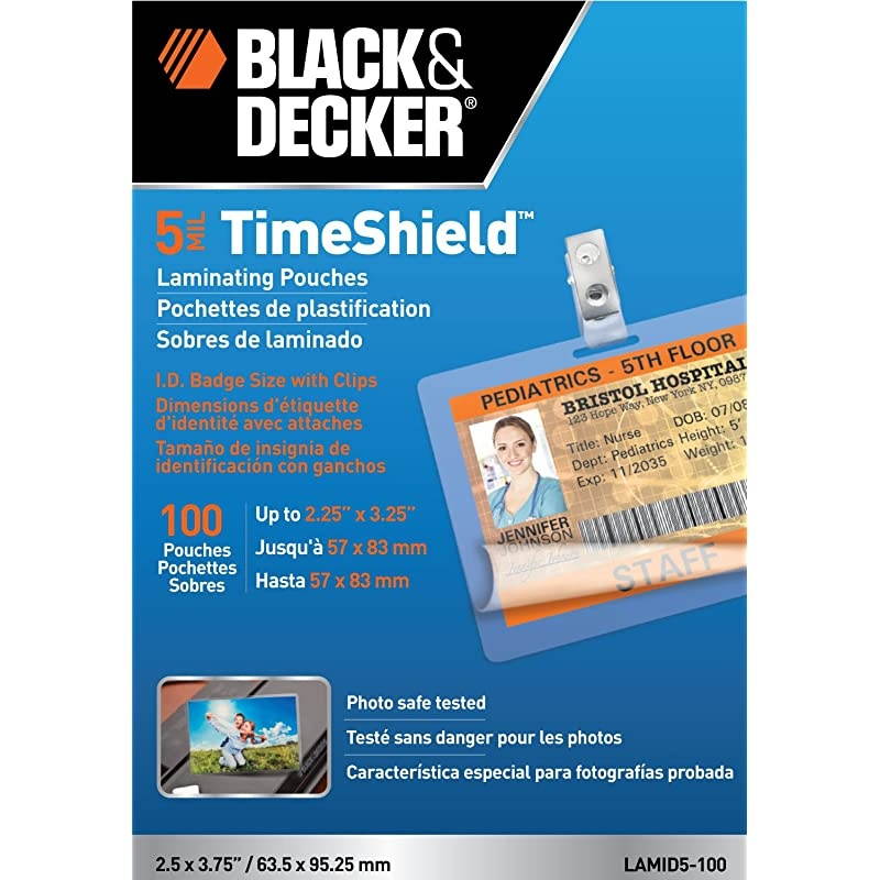 Decker TimeShield Thermal Laminating Pouches ID Badge with Clips 5 mil 100 Pack of Horizontal Badges LAMID5100