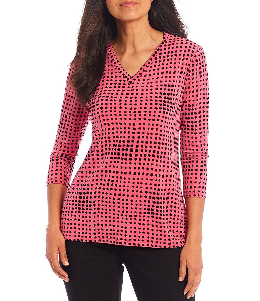 Investments 3/4 Sleeve Dot Print V-Neck Top