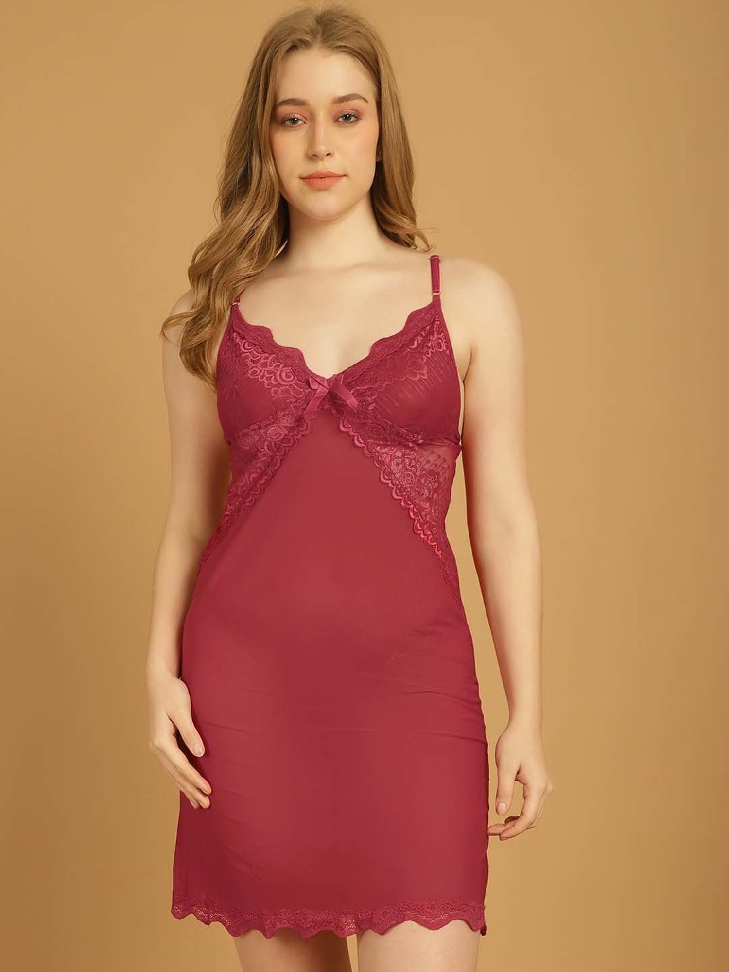 Stylee LIFESTYLE Maroon Lace Work Babydoll With Brief