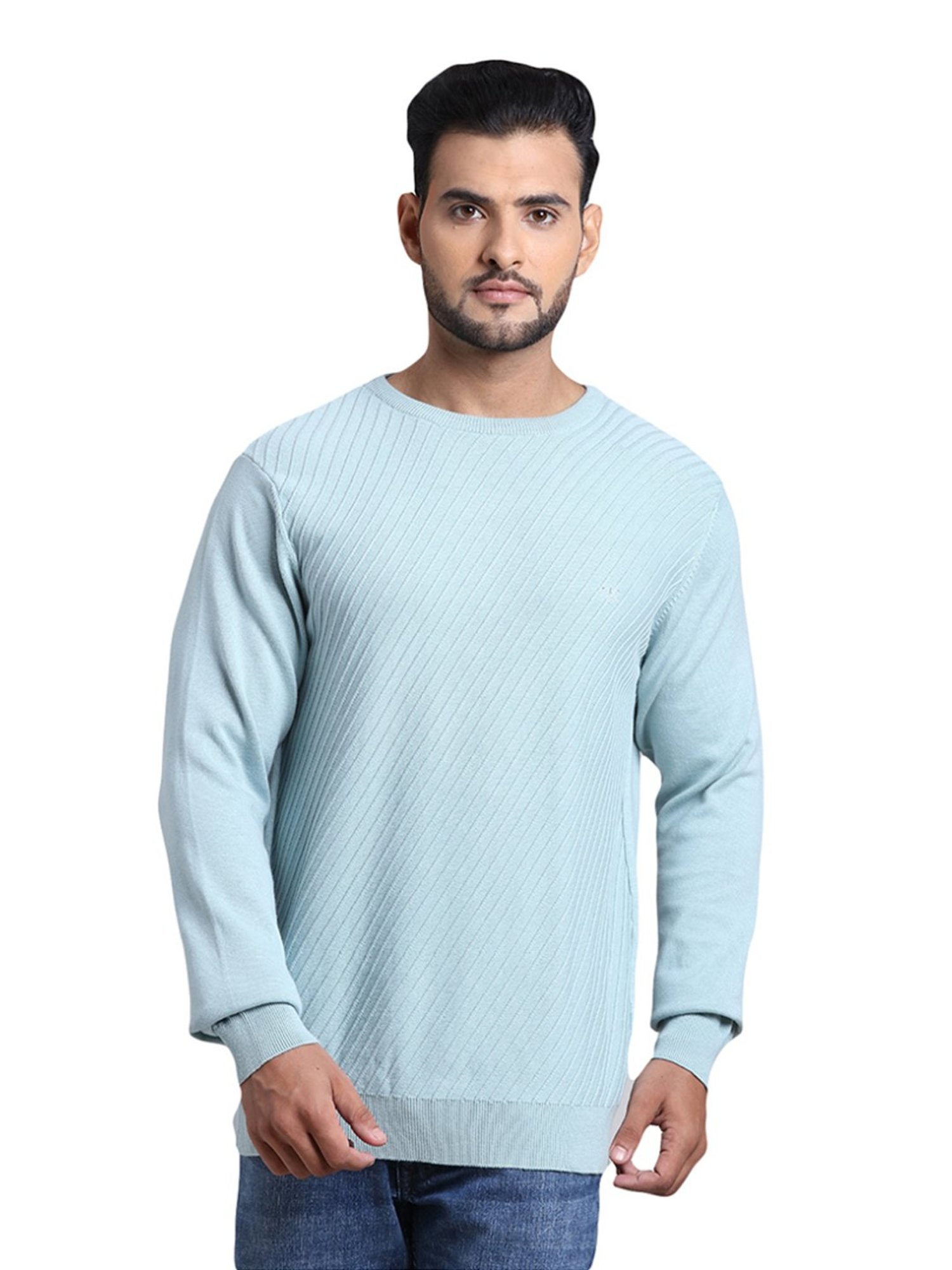 ColorPlus Blue Cotton Tailored Fit Self Pattern Sweater