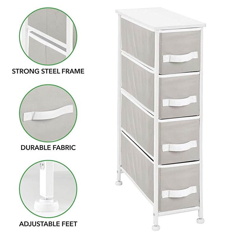 Narrow Vertical Dresser Storage Tower - Sturdy Metal Frame, Wood Top, Easy Pull Fabric Bins - Organizer Unit for Bedroom, Hallway, Entryway, Closet - 4 Drawers - Gray/White