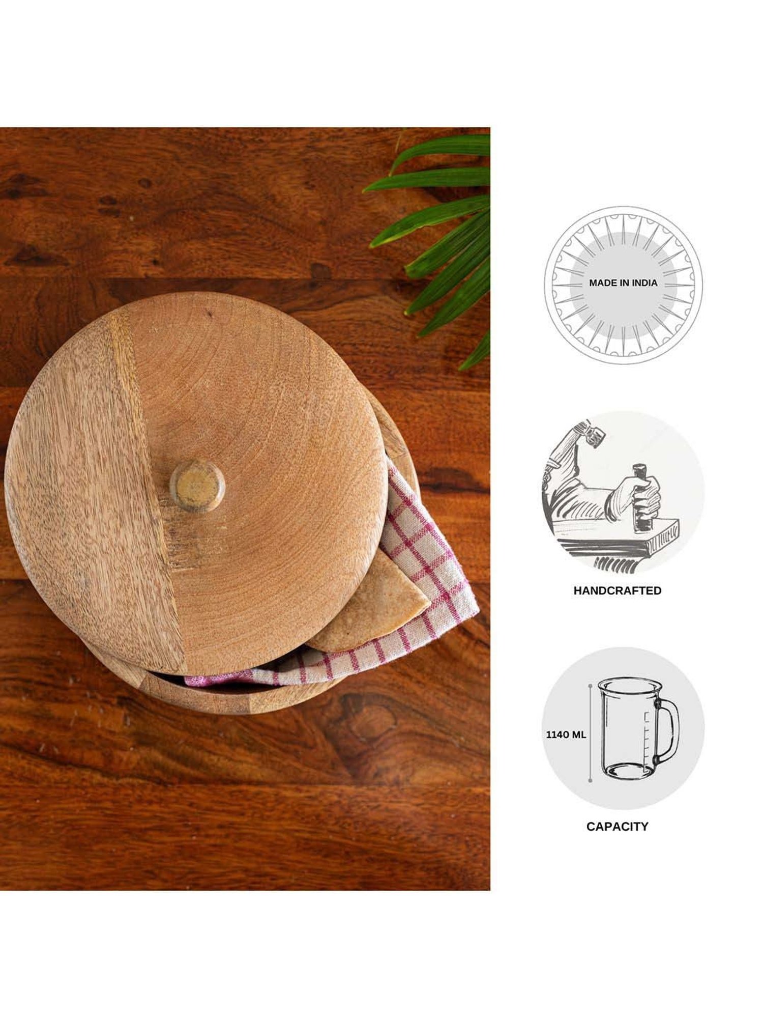 ExclusiveLane Brown Mango Wood Patched Handcarved Casserole Chapati Box With Lid (1.14 L)