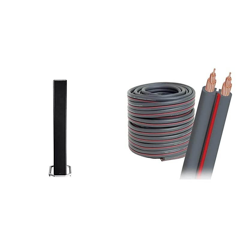 BP-9020 Tower Speaker Bundle| Built-in Powered 8&rdquo; Subwoofer for Home Theater Systems with AudioQuest X-2 Bulk Speaker Cable - 14 AWG 30' (9m) Spool - Gray Jacket