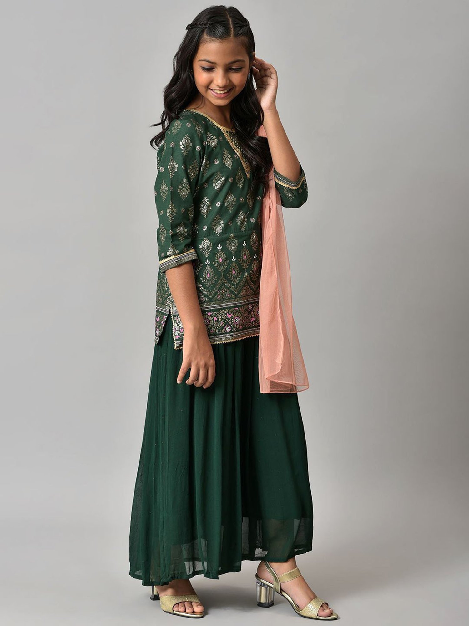 Aurelia Kids Green & Peach Floral Print Kurta, Skirt with Dupatta