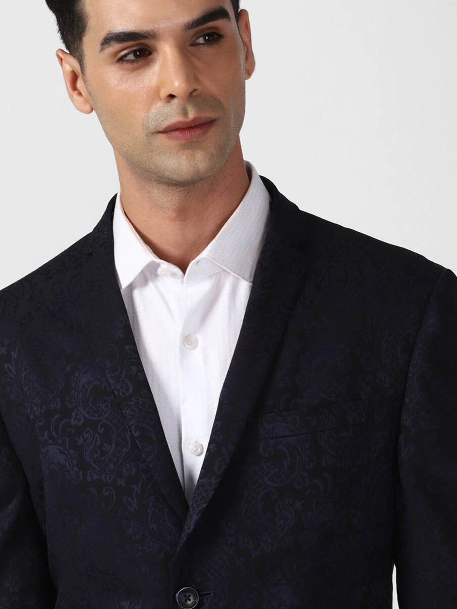 V Dot Navy Blue Skinny Fit Printed Blazer