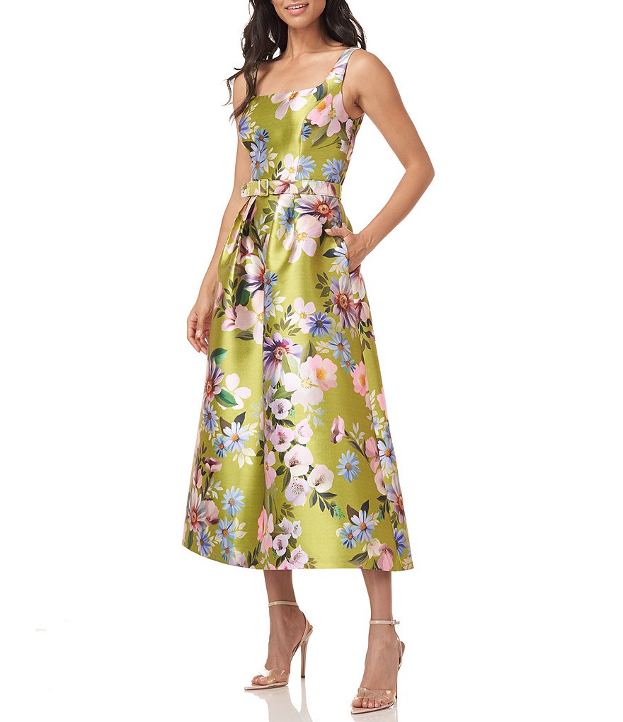 Kay Unger Lacey Tea Length Square Neck Sleeveless Floral Print Dress