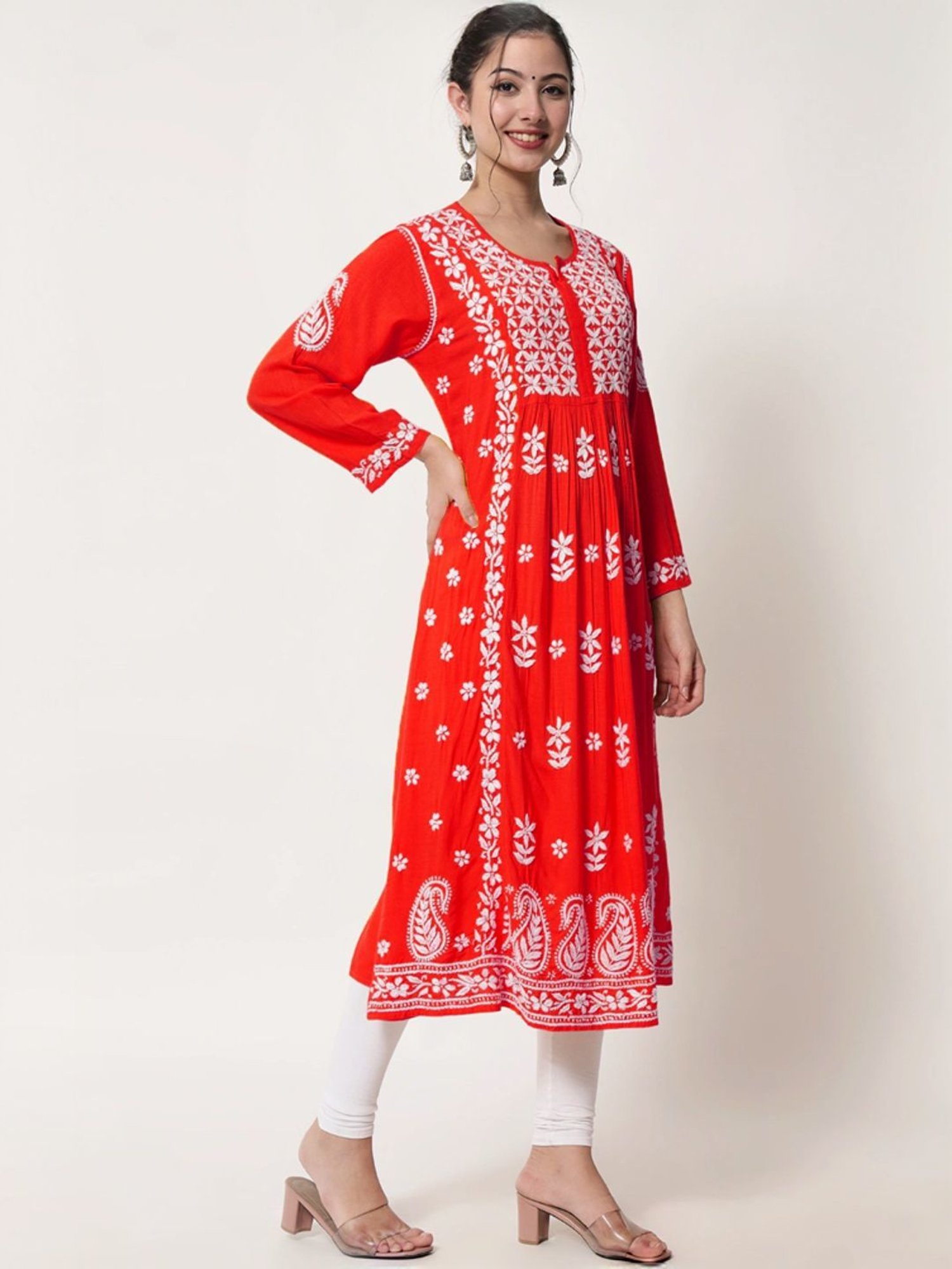 PARAMOUNT CHIKAN Red Hand Embroidered Chikankari A Line Kurta