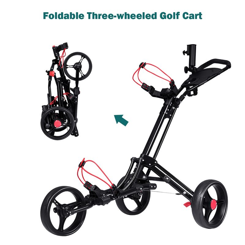Costway Foldable 3 Wheel Steel Golf Pull Push Cart Trolley Club w/ Umbrella Holder