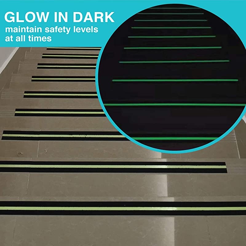 Anti Slip Traction Tape with Glow in Dark Green Stripe 4 Inch x 30 Feet Best Grip Friction Abrasive Adhesive for Stairs Tread Step Indoor and Outdoor Black 4 inch X 30 feet