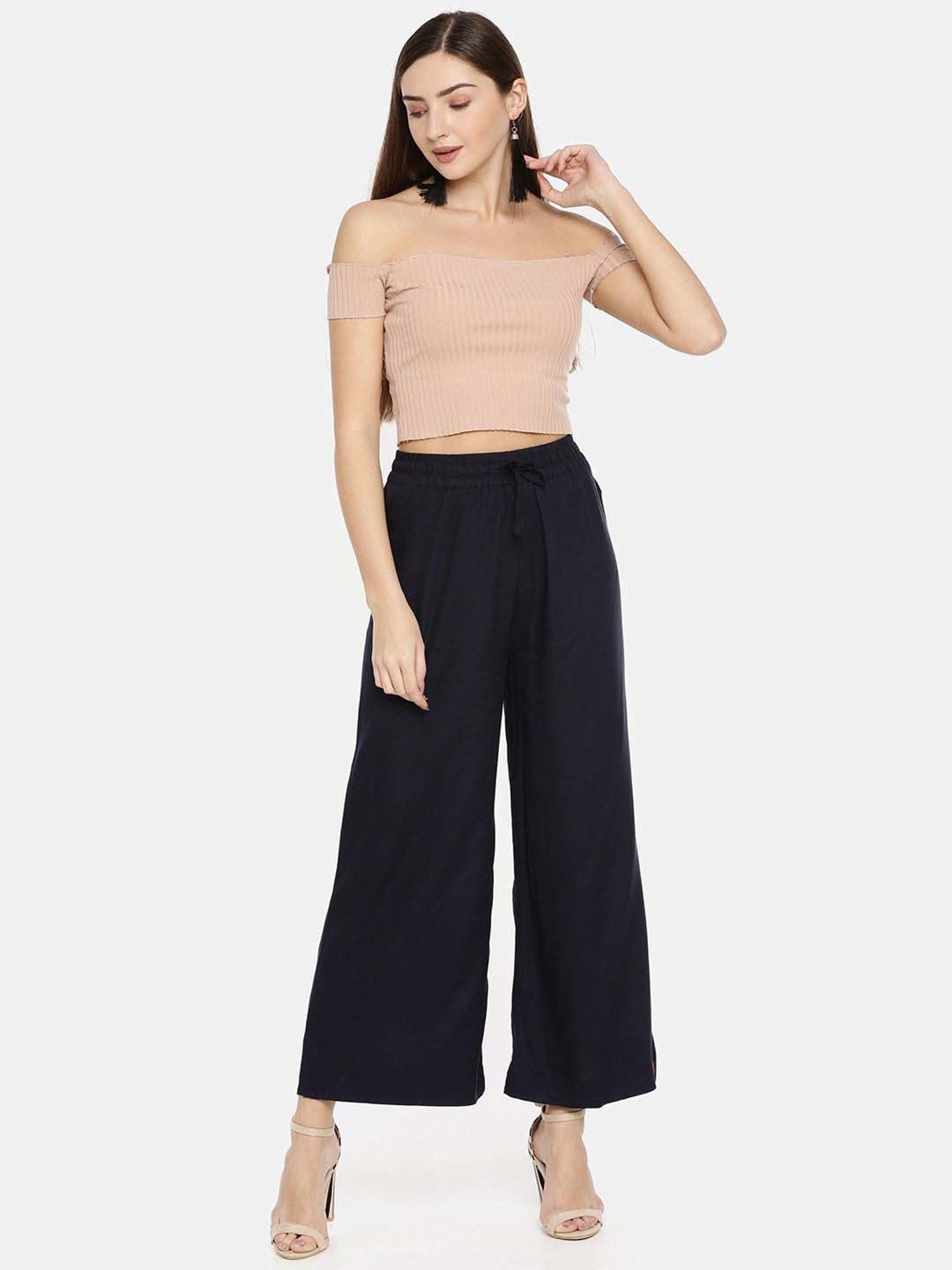 TWIN BIRDS Beige & Navy Mid Rise Palazzos - Pack Of 2