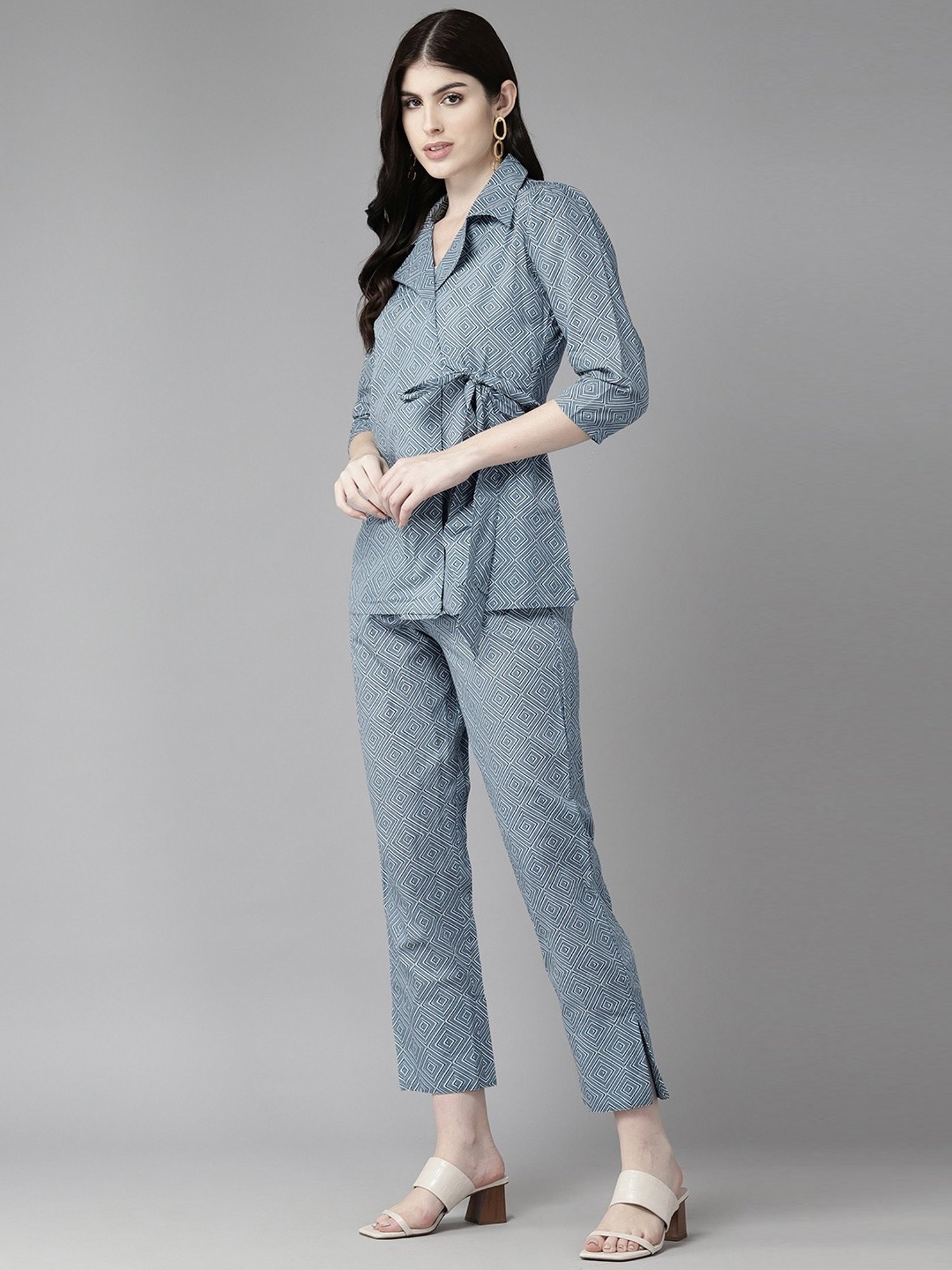 Yufta Grey Cotton Printed Tunic Pant Set