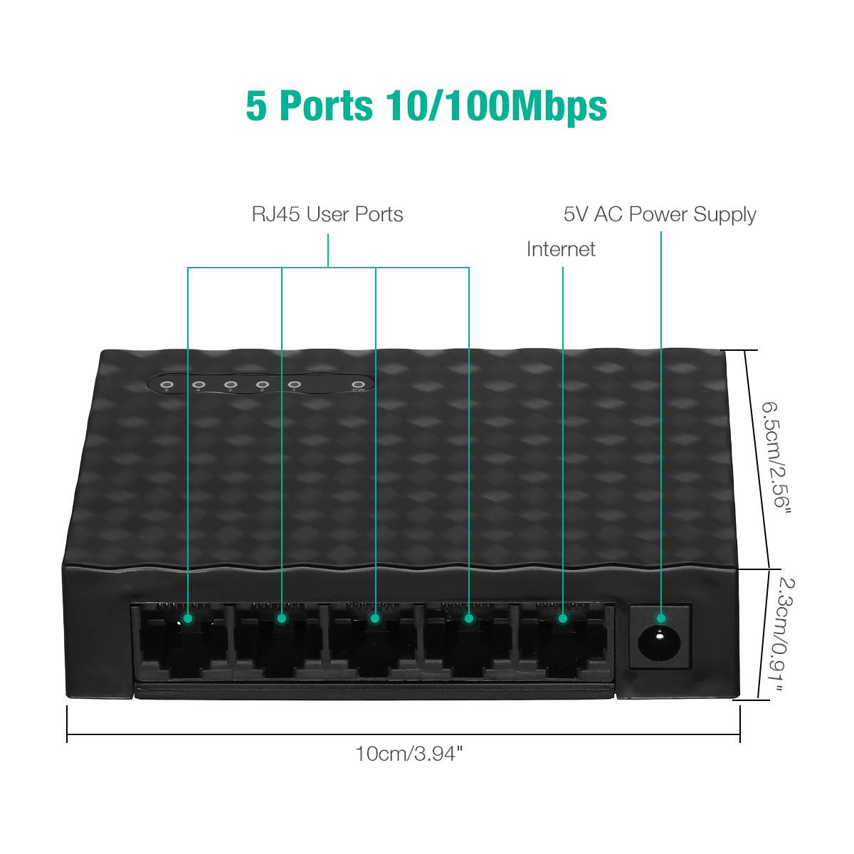 New RJ45 MINI 5-Ports Fast Ethernet Network Black Switch Hub for Desktop PC,Home Network Hub, Office Ethernet Splitter, Plug-and-Play, Black
