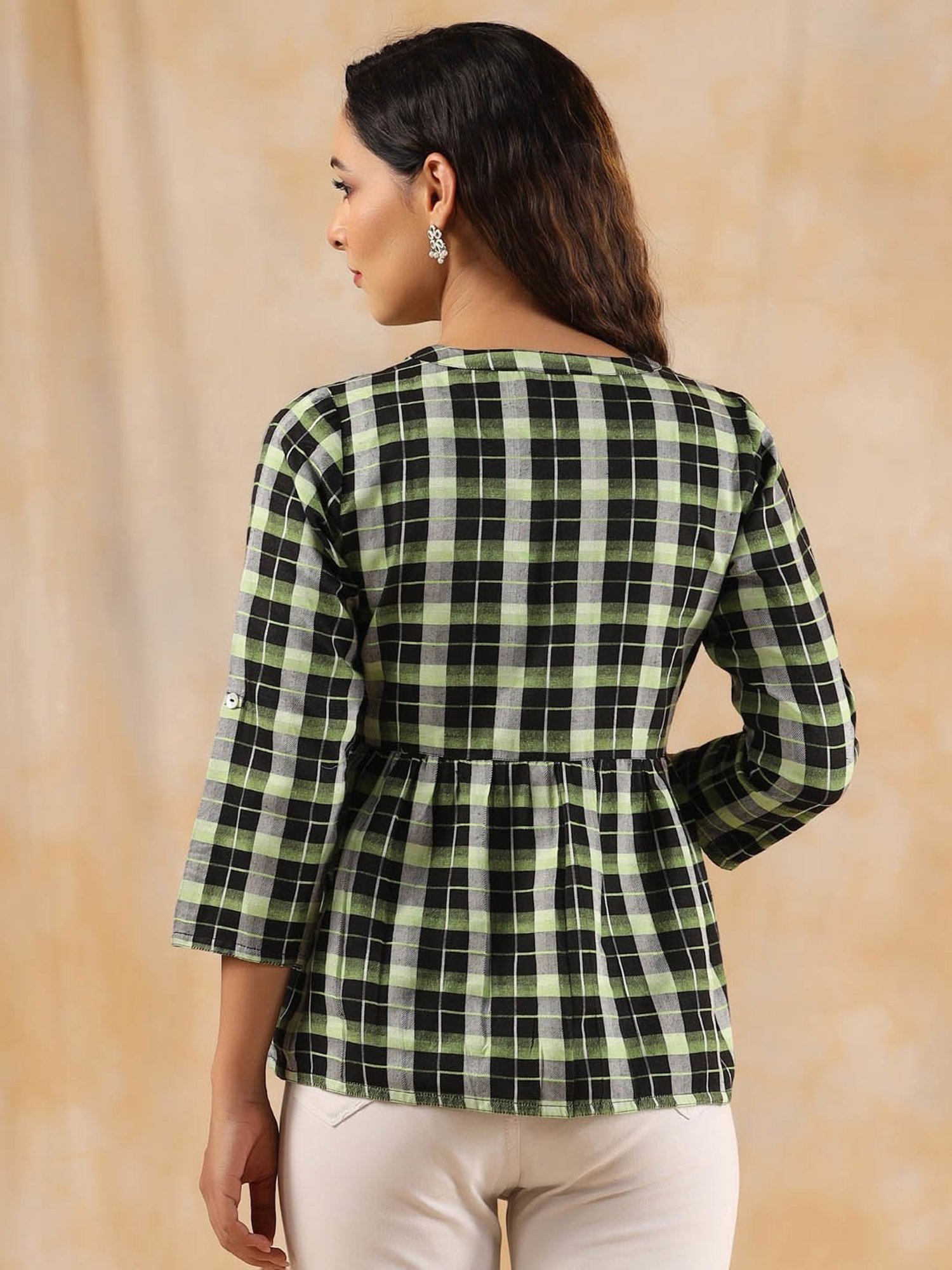 Jaipur Kurti Green Check Peplum Top