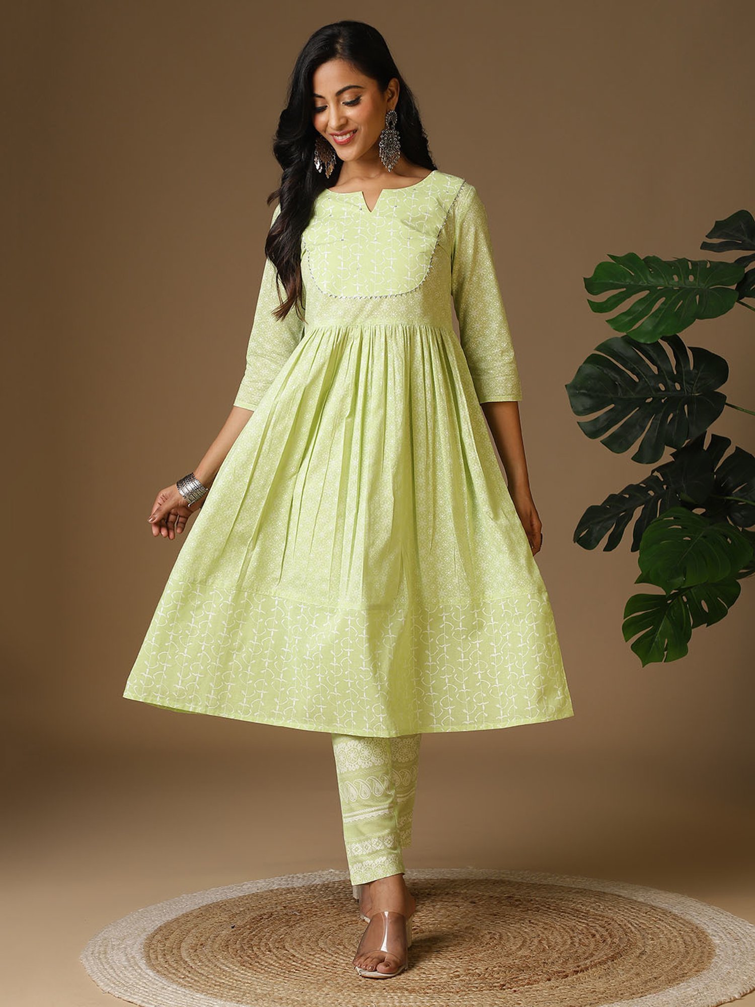 Rangita Lime Green Cotton Printed Kurta Pant Set
