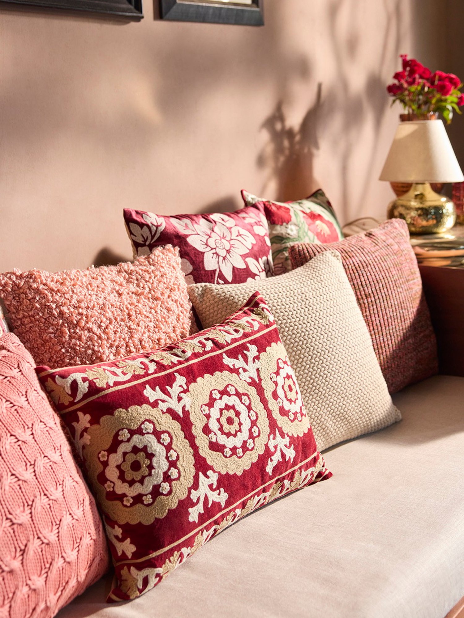 Westside Home Dark Red Sujani Floral Embroidered Cushion Cover