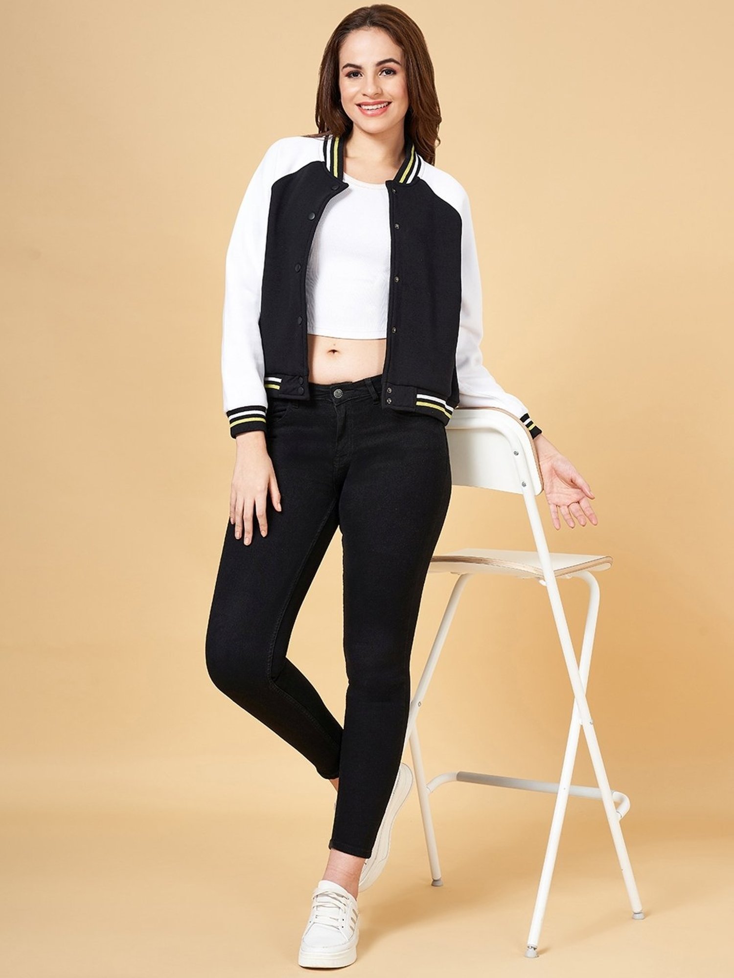 People by Pantaloons Black & White Cotton Color-Block Sweatshirt