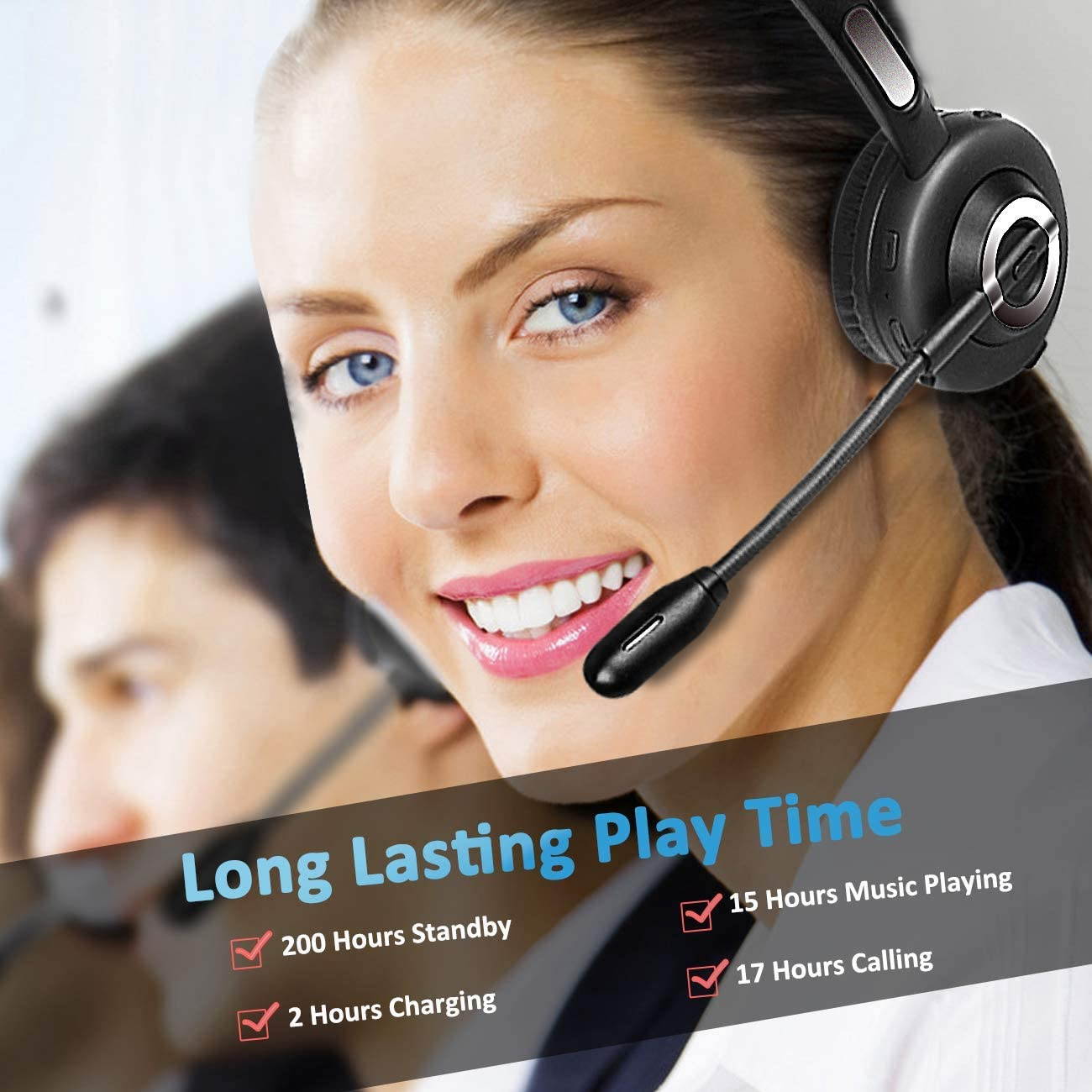 UKCOCO Bluetooth Headset with Noise Canceling, Wireless Bluetooth Headset with Microphone ,for PC, Call Center, Cellphone, Online Teaching, Conference Calls, 17 hrs Working Time for Long Haul