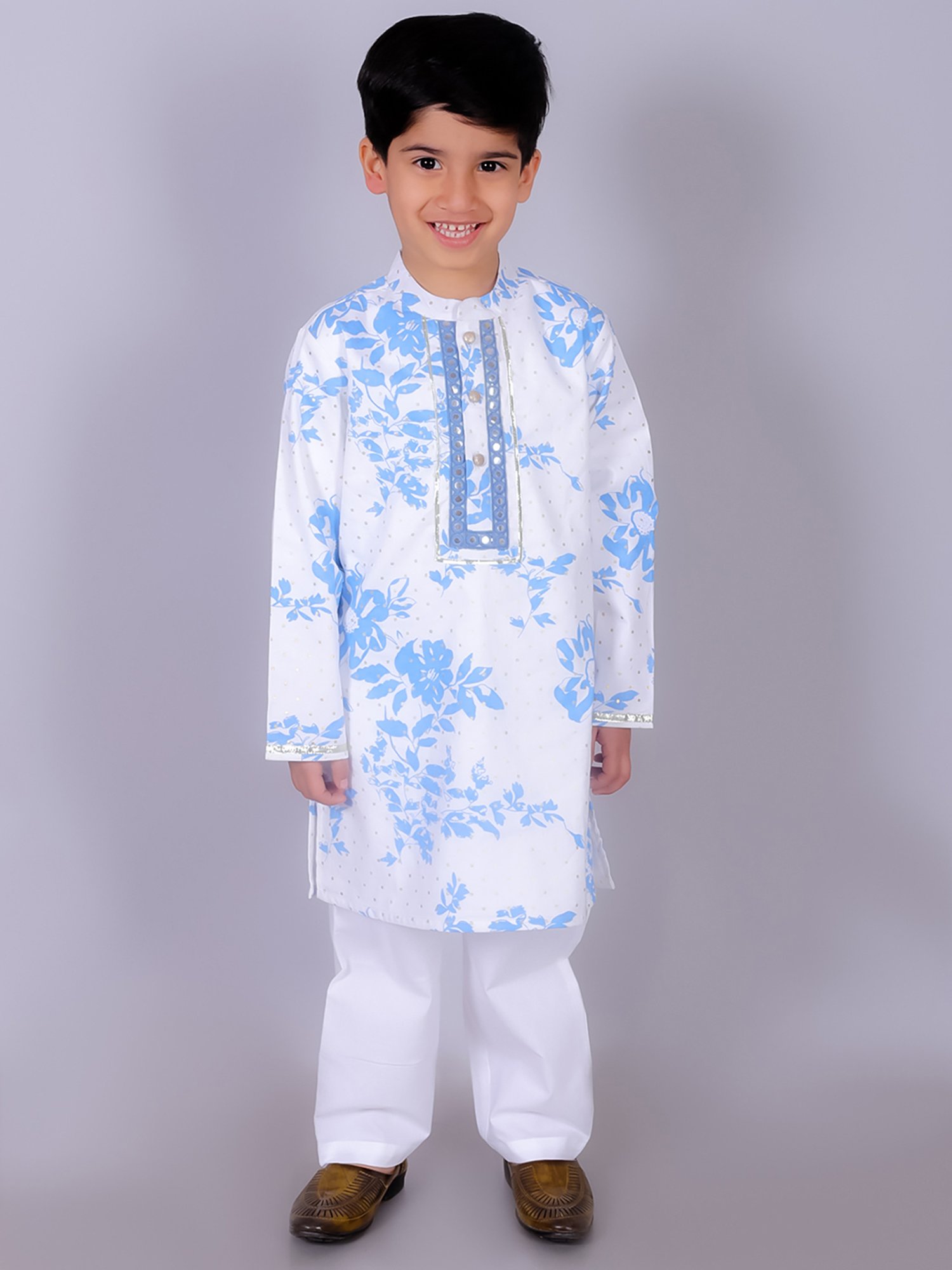 Lil Drama Kids White & Blue Floral Print Kurta with Pants