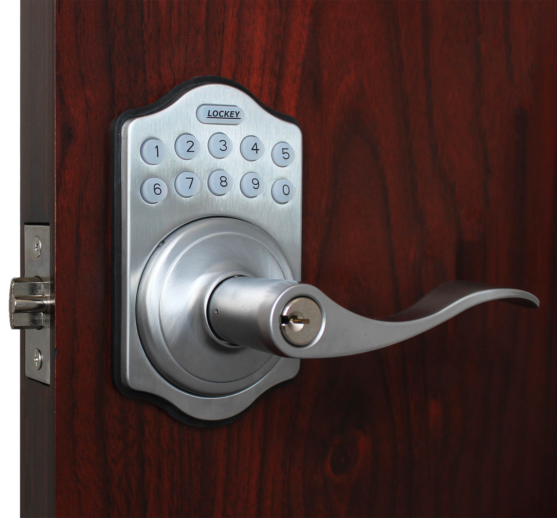 LockeyUSA E985BB Electronic Push Button Digital Door Lock, Access Control, Combination, Remote Capable, Keyless Lever Lock with Keypad Access in Bright Brass