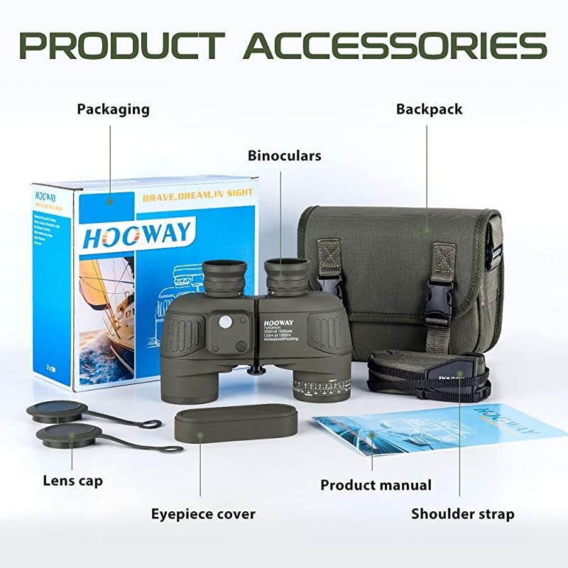 7x50 Waterproof Floating Marine Binocular w/Internal Rangefinder & Compass for Navigation,Boating,Water Sports,Hunting,Bird Watching and More(Army Green