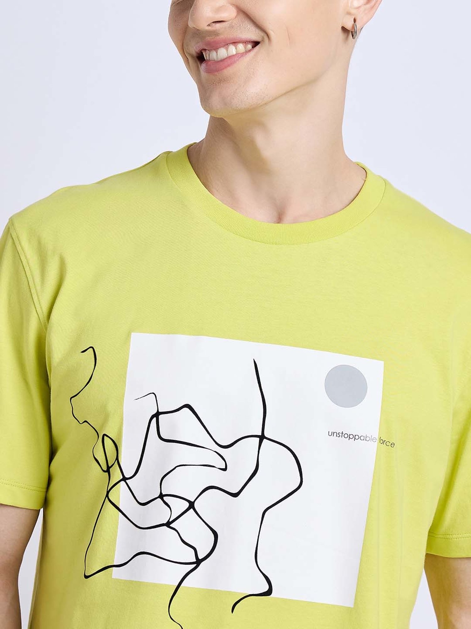 EDRIO Lime Green Regular Fit Graphic Print Crew T-Shirt