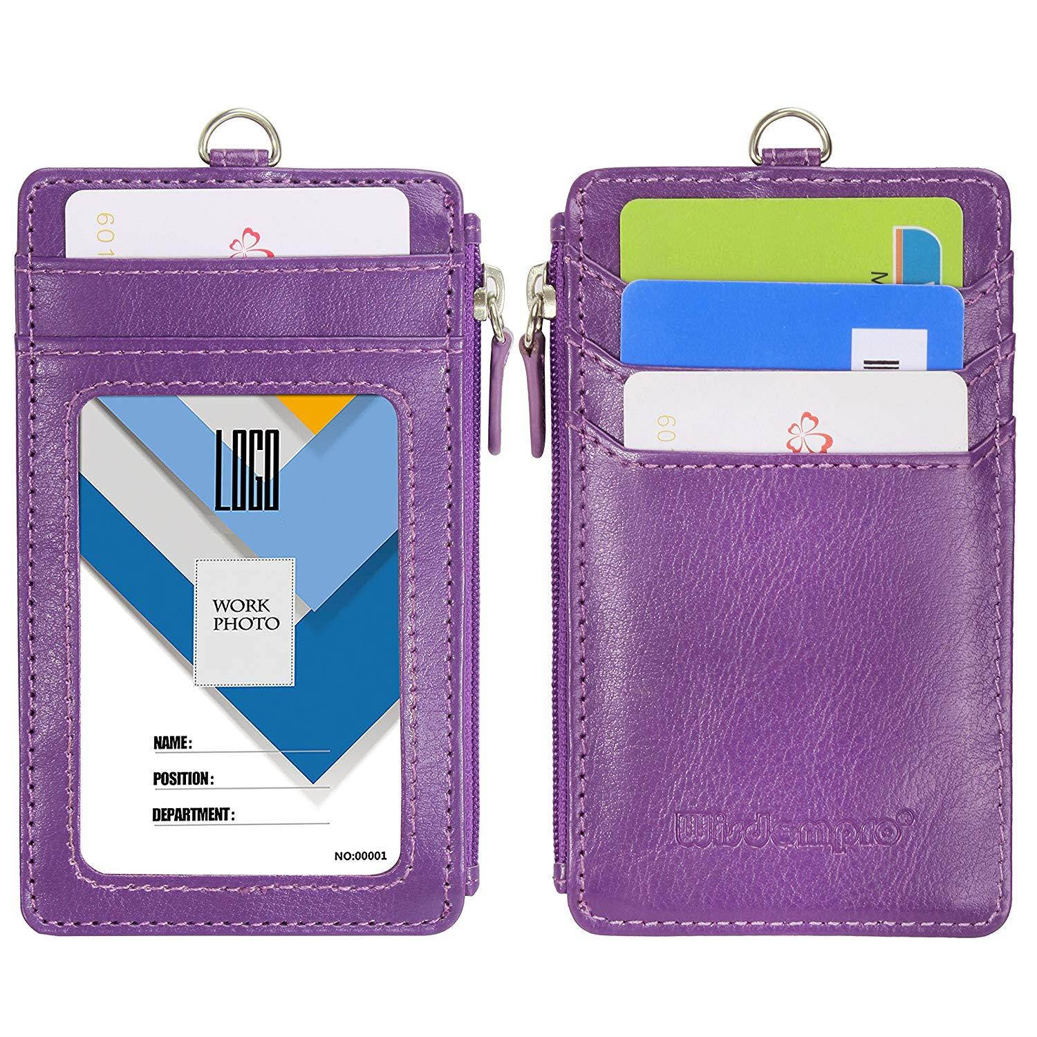 Badge Holder with Zip, Wisdompro 2-Sided PU Leather ID Badge Holder Wallet Case with 1 ID Window, 4 Card Slots, 1 Side Zipper Pocket and 1 piece 20" PU Neck Lanyard/Strap - Purple (Vertical)