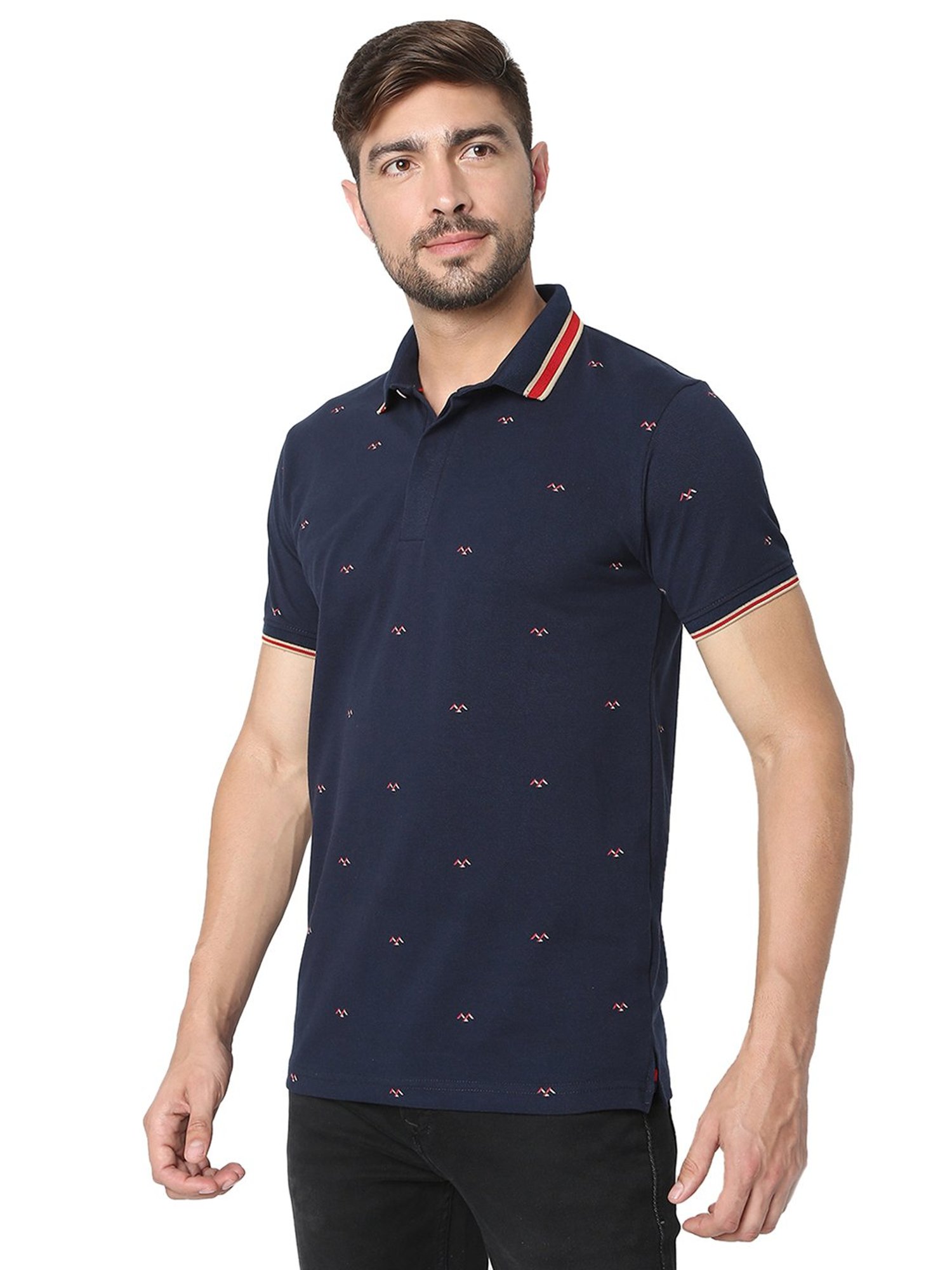 Mufti Navy Slim Fit Printed Cotton Polo T-Shirt