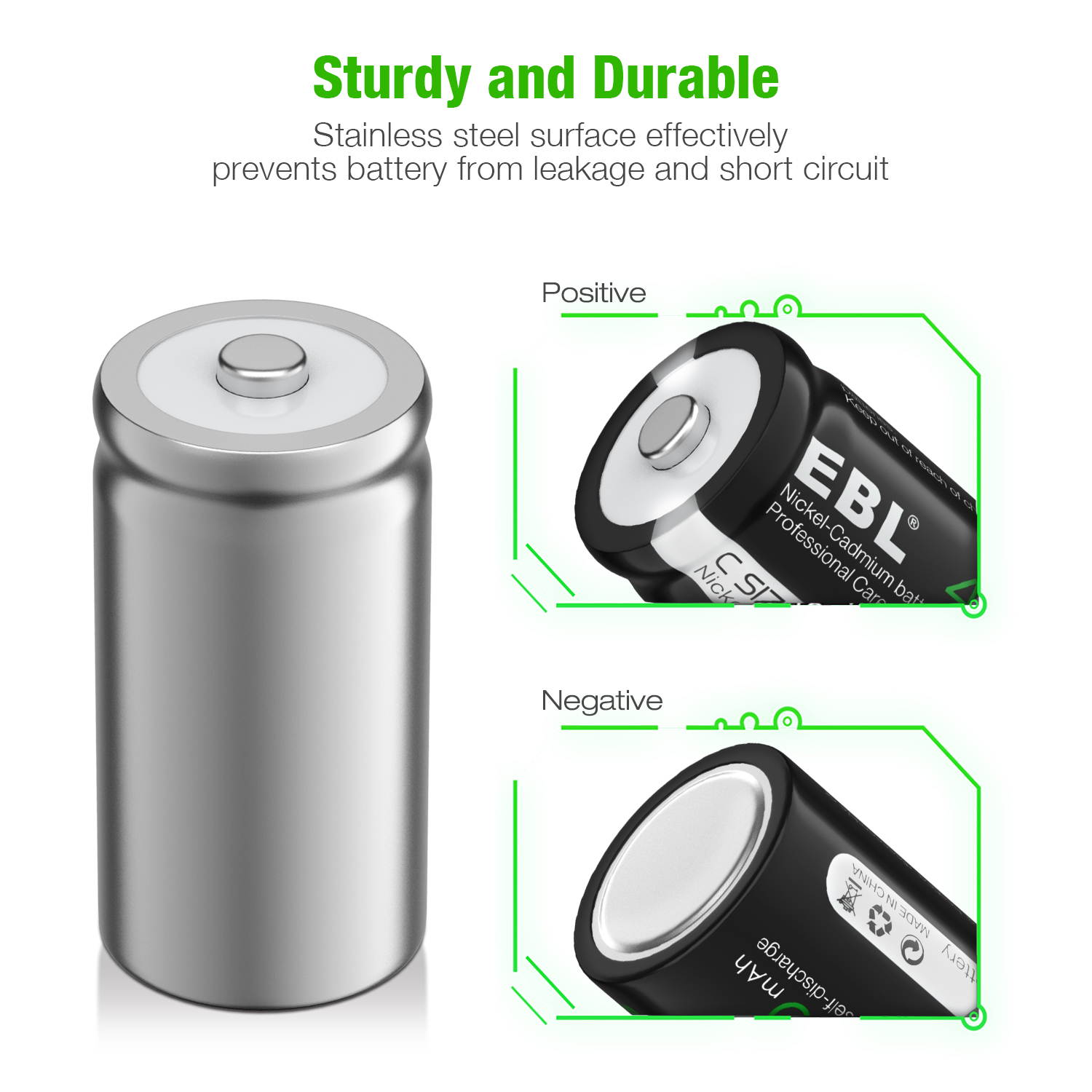 EBL 8PCS  Rechargeable C Battery High Performance Ni-Cd Battery 4000mAh