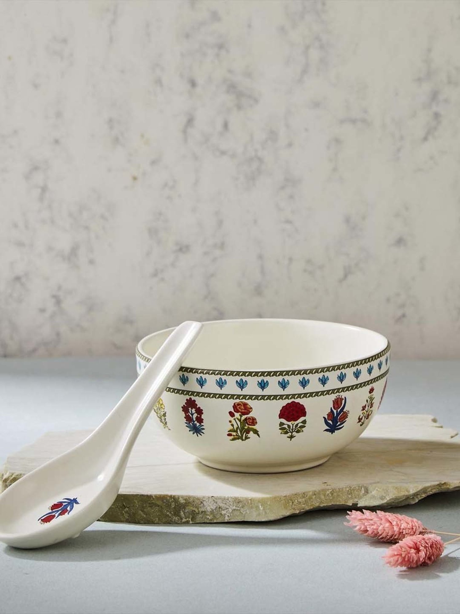Fabindia Home Ramya Red & White Ceramic Soup Bowl With Spoon (350ml) - Set of 2