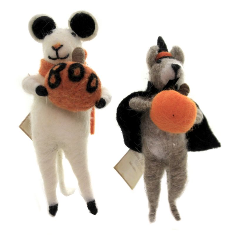 Halloween 8.0" Felted Halloween Mice Set/2 Fall Mouse Witch Pumpkin  -  Decorative Figurines