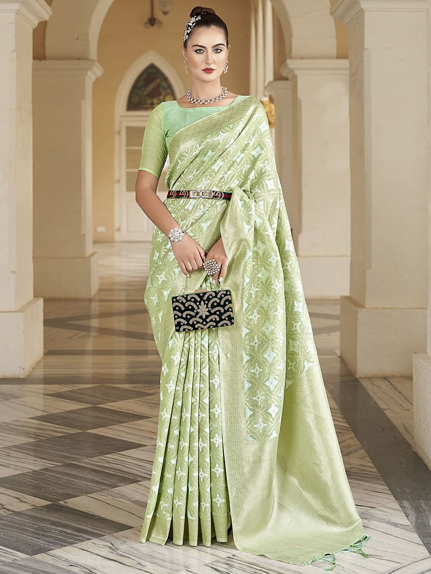 Elora Green Cotton Silk Woven Saree With Unstitched Blouse