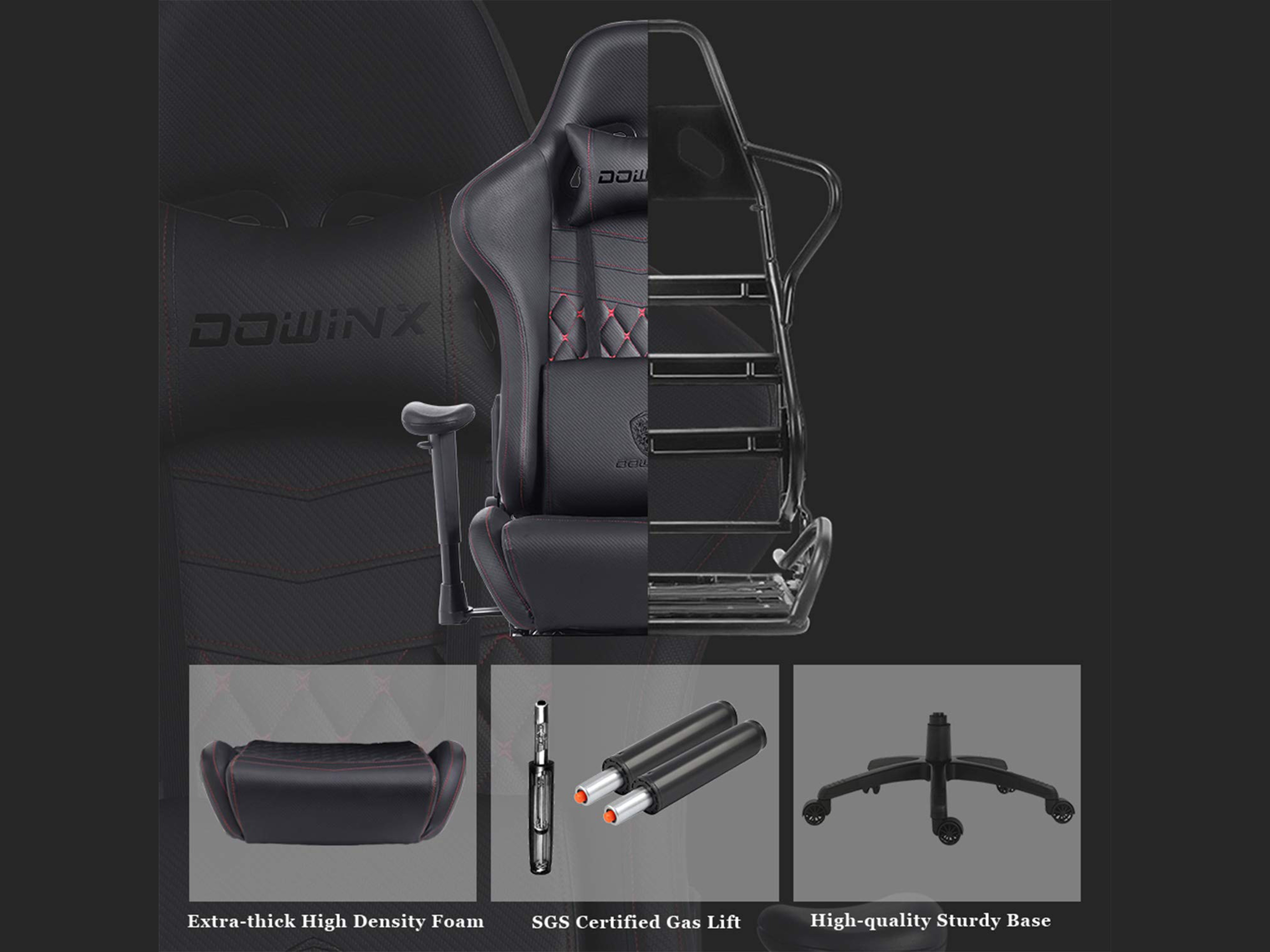 Dowinx Gaming Chair Ergonomic Retro Style Recliner with Massage Lumbar Support Office Armchair for Computer PU Leather with Retractable Footrest Grey