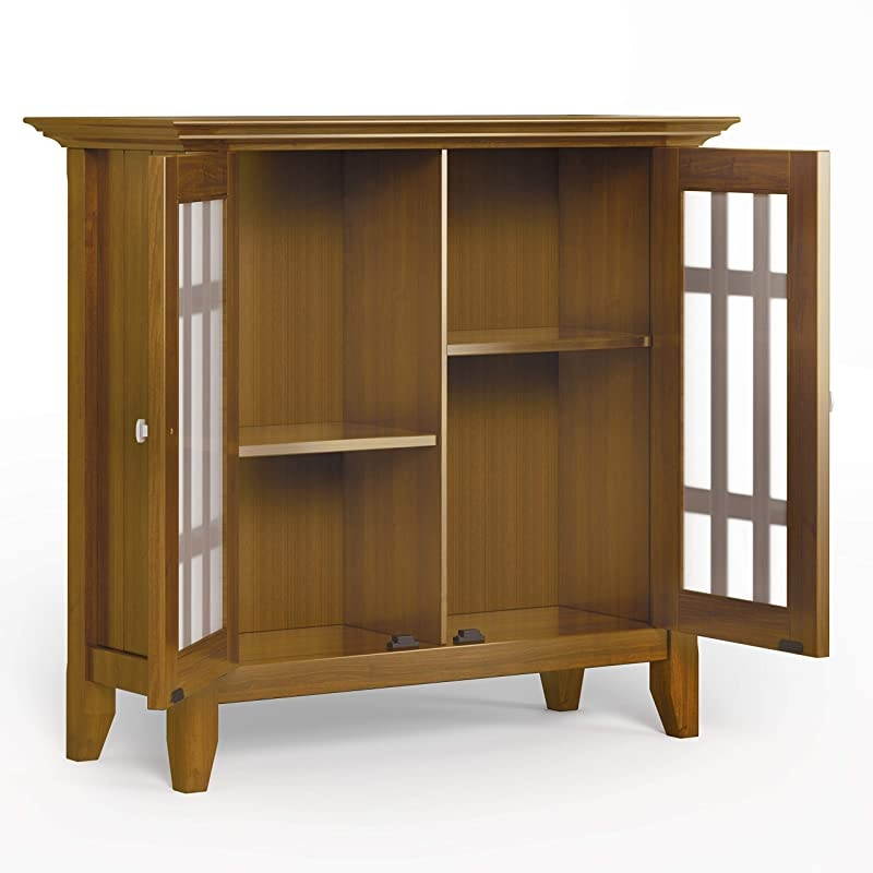 Bedford SOLID WOOD 32 inch Wide Rustic Low Storage Media Cabinet in Light Golden Brown, with 2 Tempered Glass Doors, 2 Adjustable Shelves