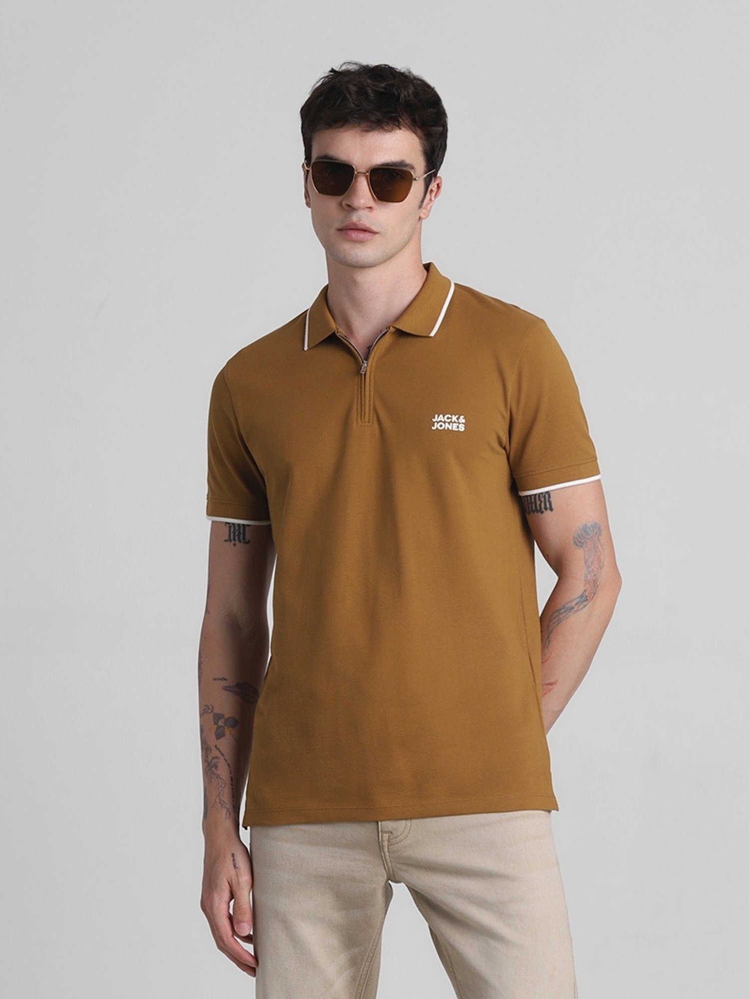Jack & Jones Bronze Brown Cotton Slim Fit Polo T-Shirt
